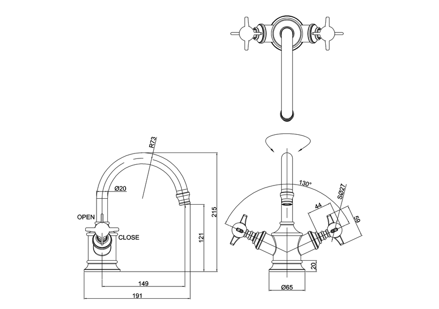 Burlington Arcade Nickel Dual Lever Basin Mixer with Waste Technical Image