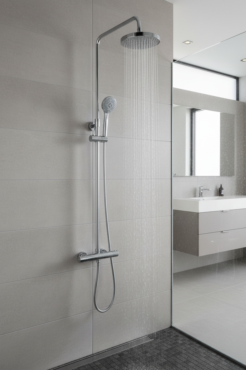 Chrome thermostatic shower system in bathroom setting