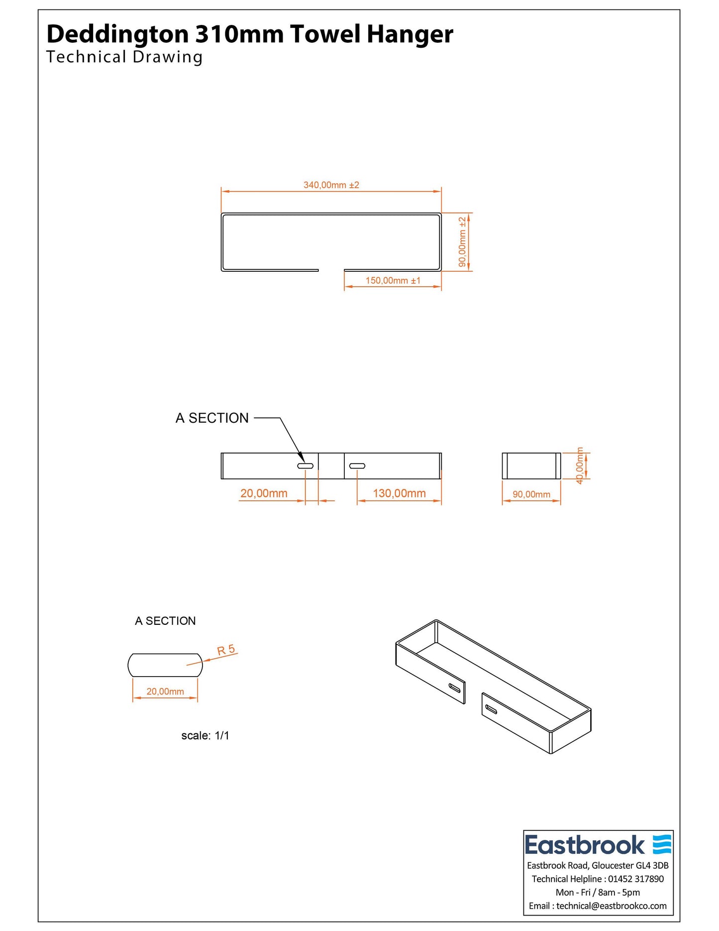 Eastbrook Deddington Gloss White Towel Hanger 310mm Technical Image 89.0876