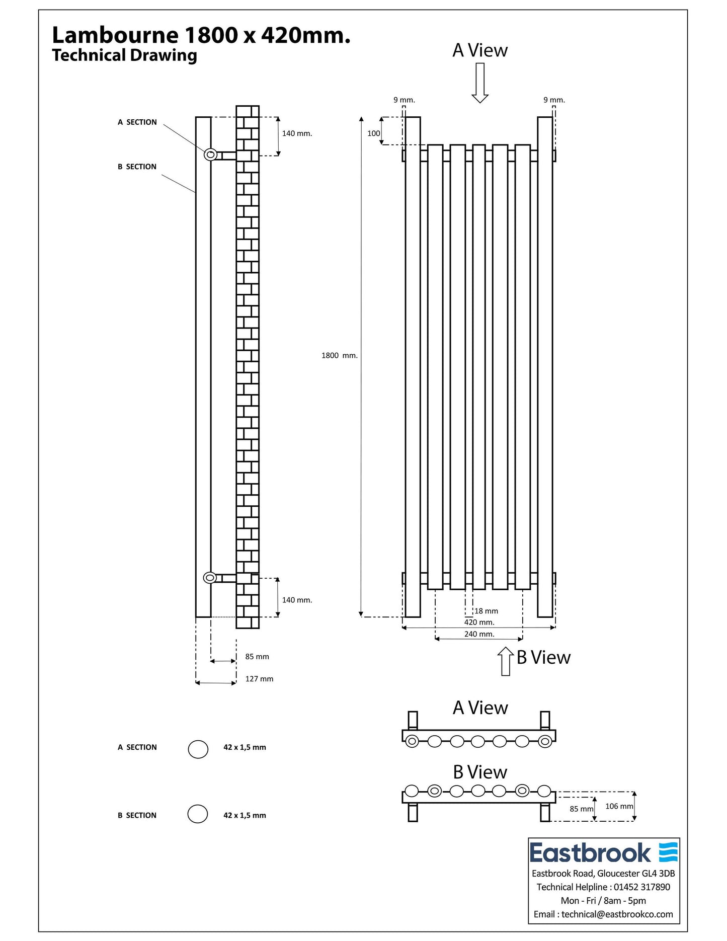 Eastbrook Lambourne Chrome Designer Radiator 1800mm x 420mm 89.1701