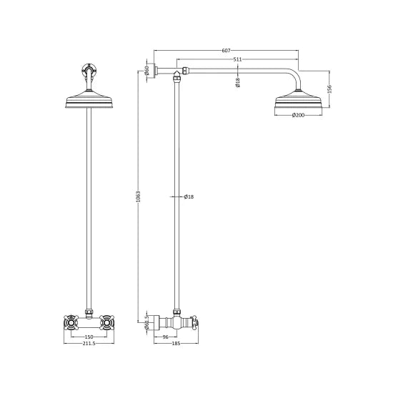 Old London Chrome Thermostatic Bar Shower Valve & Rigid Riser