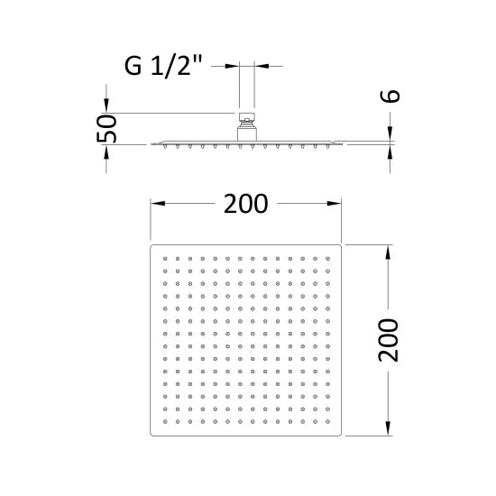 Nuie Matt Black Square Fixed Shower Head - 200mm