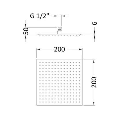 Nuie Matt Black Square Fixed Shower Head - 200mm