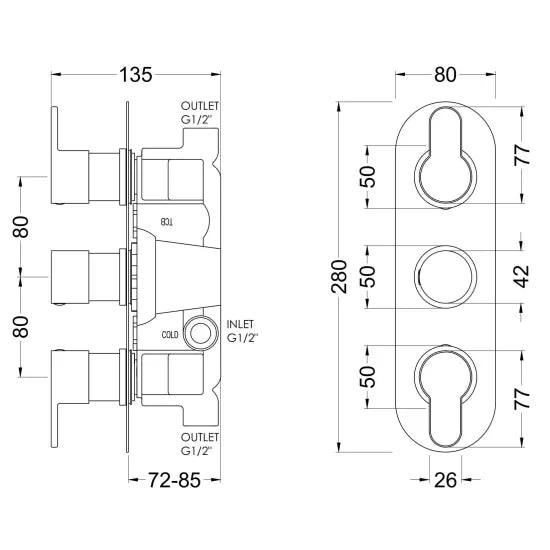 Nuie Arvan Brushed Pewter Triple Thermostatic Shower Valve