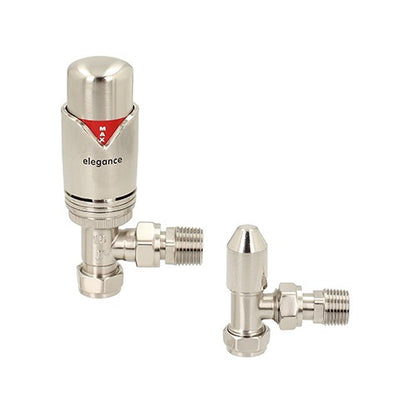 Angled Silver Nickel Thermostatic Radiator Valve & Lockshield 15mm (1 pair)