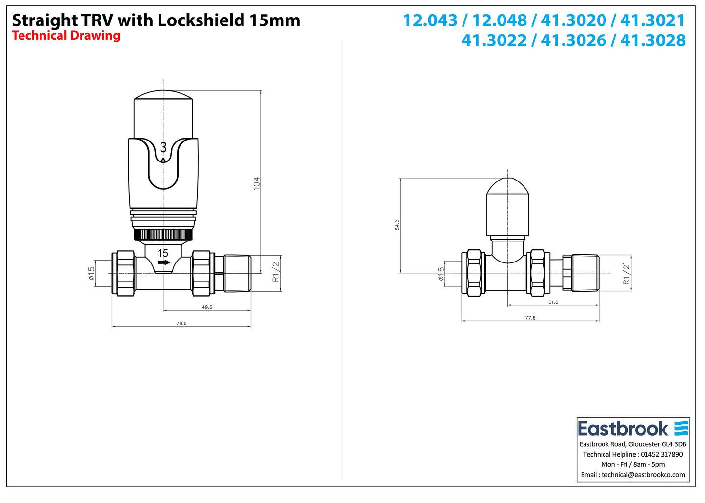 Eastbrook Biava Straight Chrome Thermostatic Radiator Valve & Lockshield 15mm (pair)