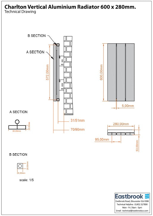 Eastbrook Charlton Matt Anthracite Vertical Aluminium Radiator 600mm High x 280mm Wide Technical image