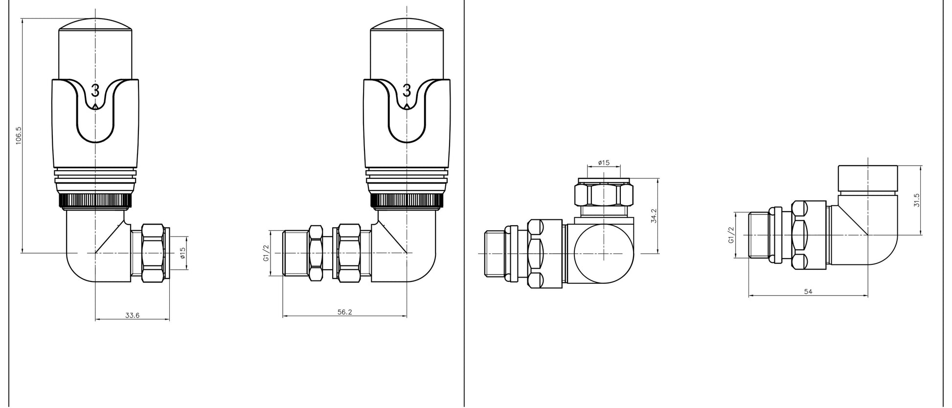 Eastbrook Corner ChromeWhite Thermostatic Radiator Valve & Lockshield 15mm (pair) Technical Image