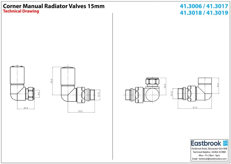 Eastbrook Corner Matt Black Manual Radiator Valves 15mm (Pair) Technical Image