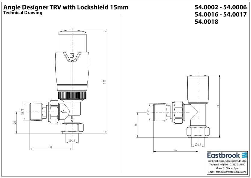 Eastbrook Darlington Angled Chrome Bi-Directional TRV with Lockshield 15mm (pair) Technical Image