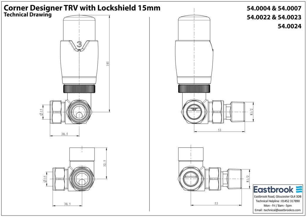 Eastbrook Darlington Corner Chrome Bi-Directional TRV with Lockshield 15mm (pair) Technical Image