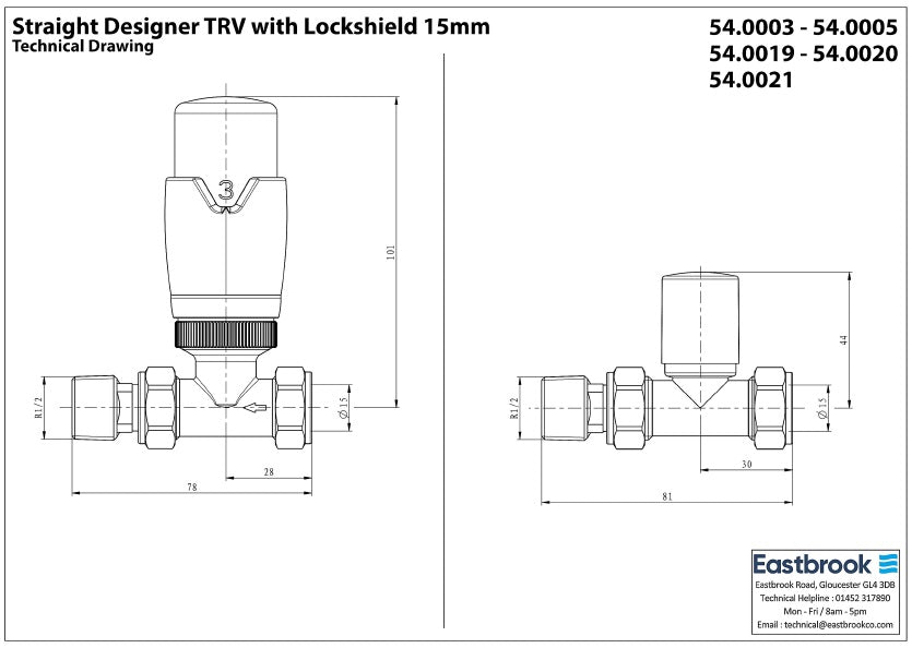 Eastbrook Darlington Straight Chrome Bi-Directional TRV with Lockshield 15mm (pair) Technical Image