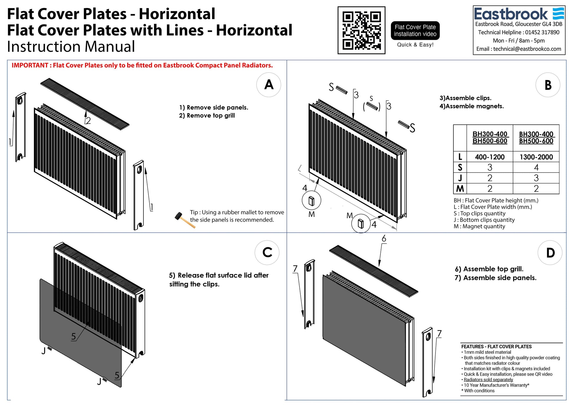 Eastbrook Gloss White Flat Panel Radiator Cover Plate 300mm High x 1600mm Wide Fitting Instructions