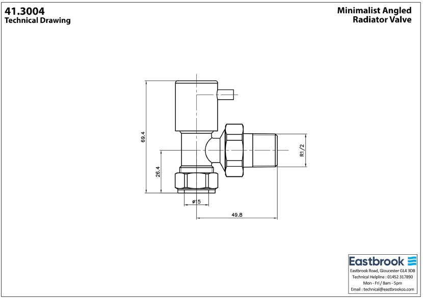 Eastbrook Minimalist Angled Chrome Manual Radiator Valves 15mm (Pair) Technical Image