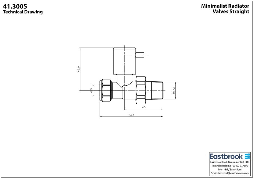 Eastbrook Minimalist Straight Chrome Manual Radiator Valves 15mm (Pair) Technical Image