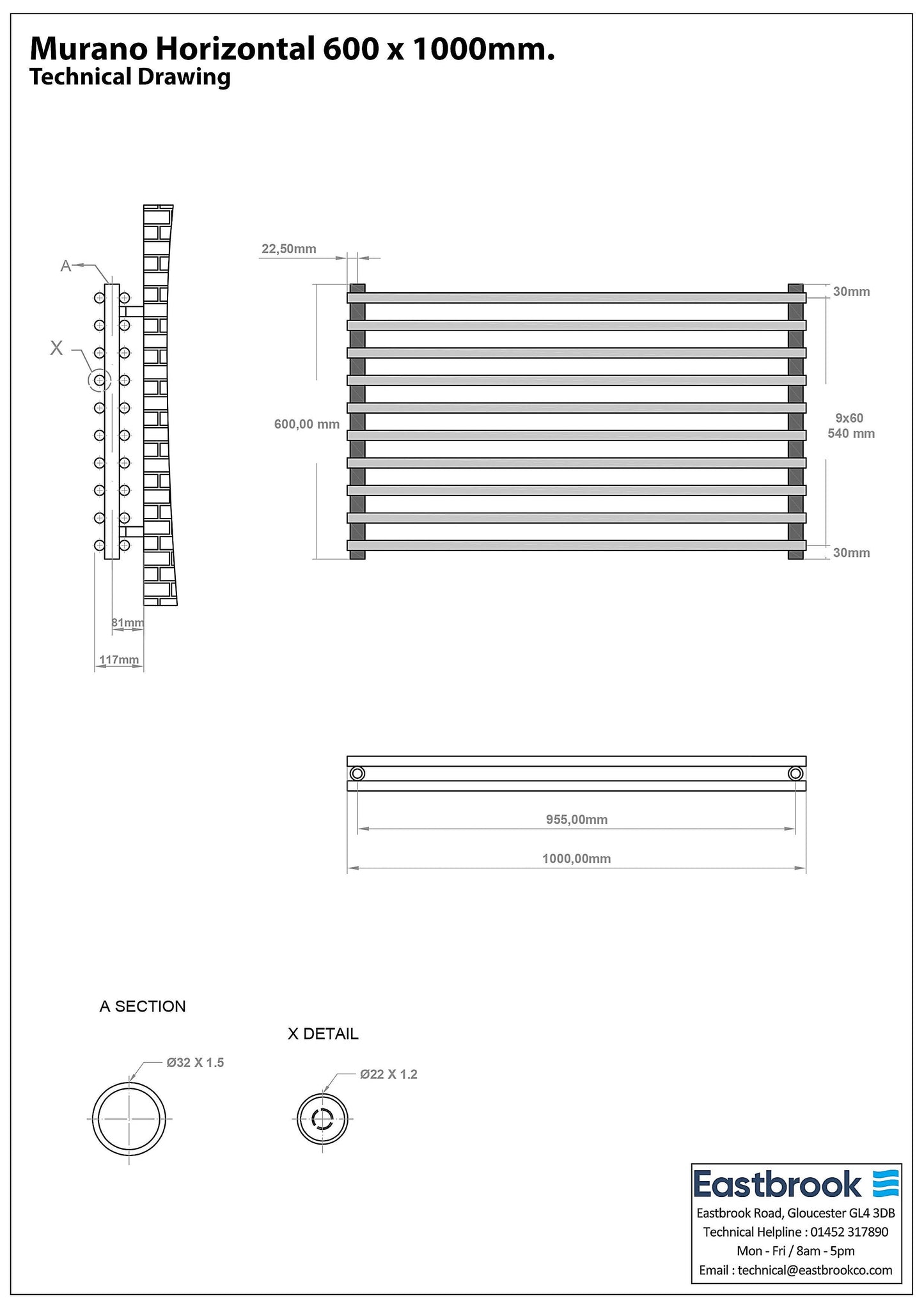 Eastbrook Murano Horizontal Electric Gloss White Designer Radiator 600mm x 1000mm Technical