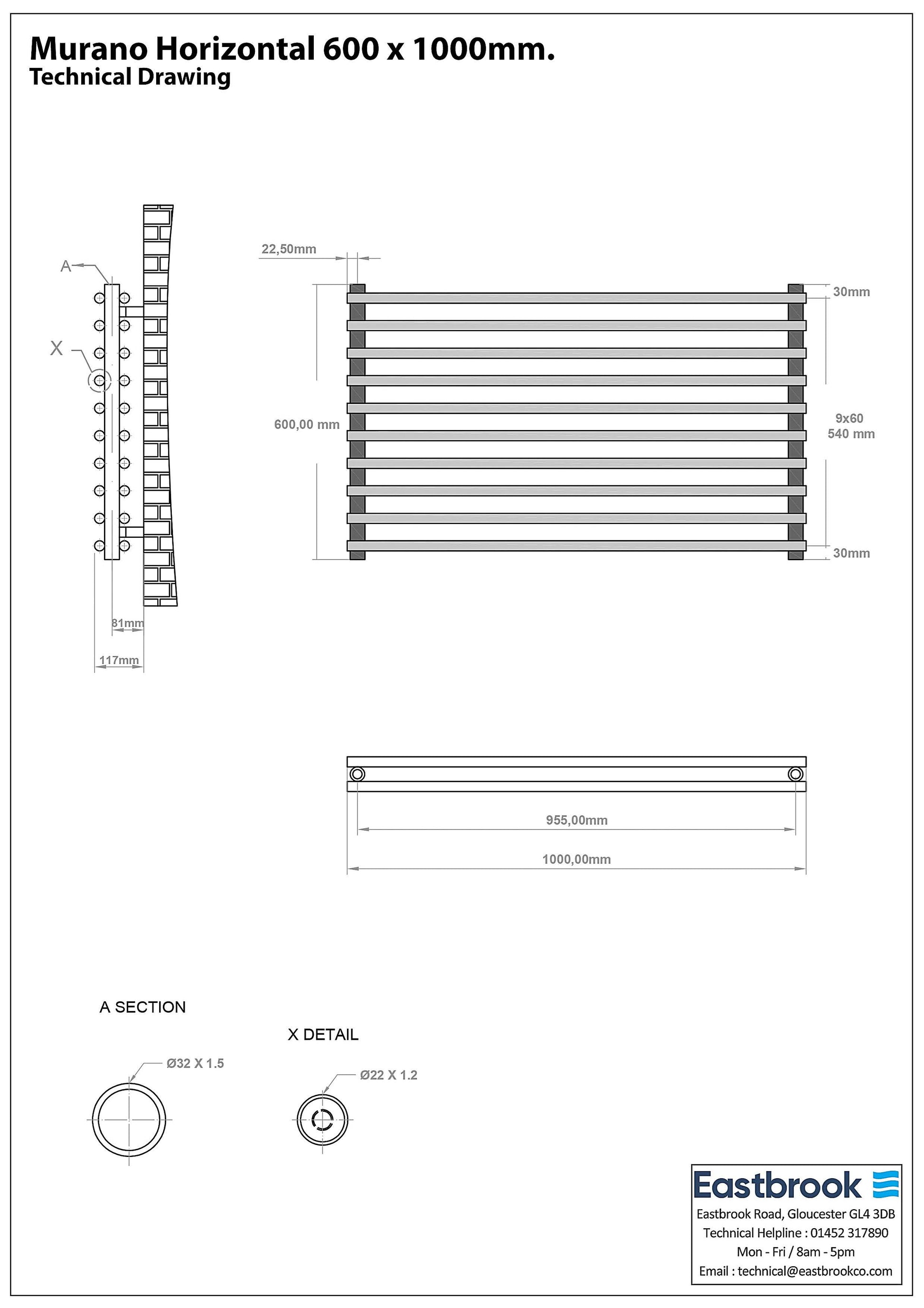 Eastbrook Murano Horizontal Electric Gloss White Designer Radiator 600mm x 1000mm Technical