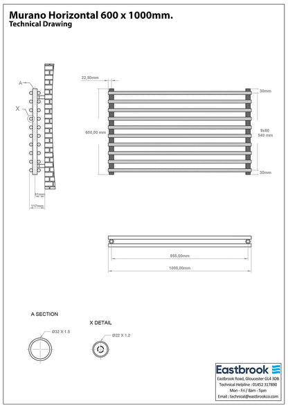 Eastbrook Murano Horizontal Electric Gloss White Designer Radiator 600mm x 1000mm Technical