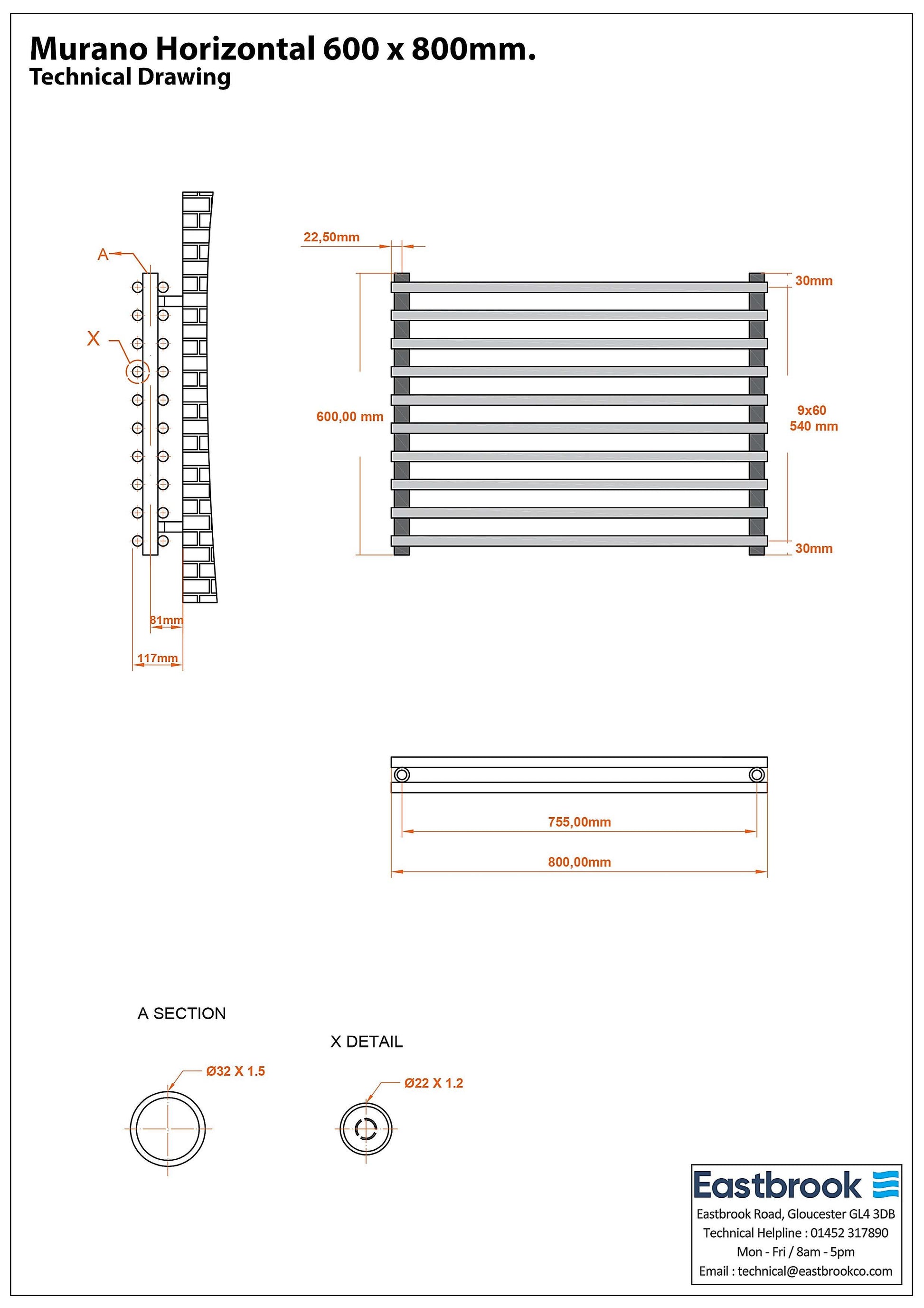 Eastbrook Murano Horizontal Electric Gloss White Designer Radiator 600mm x 800mm Technical
