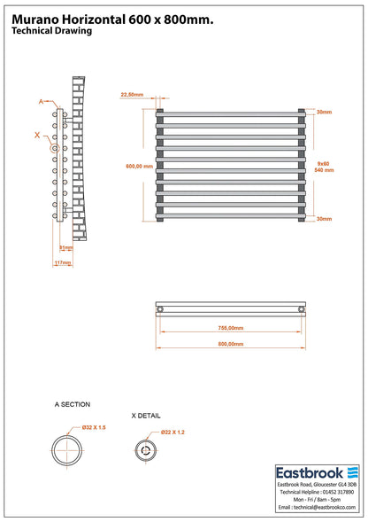 Eastbrook Murano Horizontal Electric Gloss White Designer Radiator 600mm x 800mm Technical