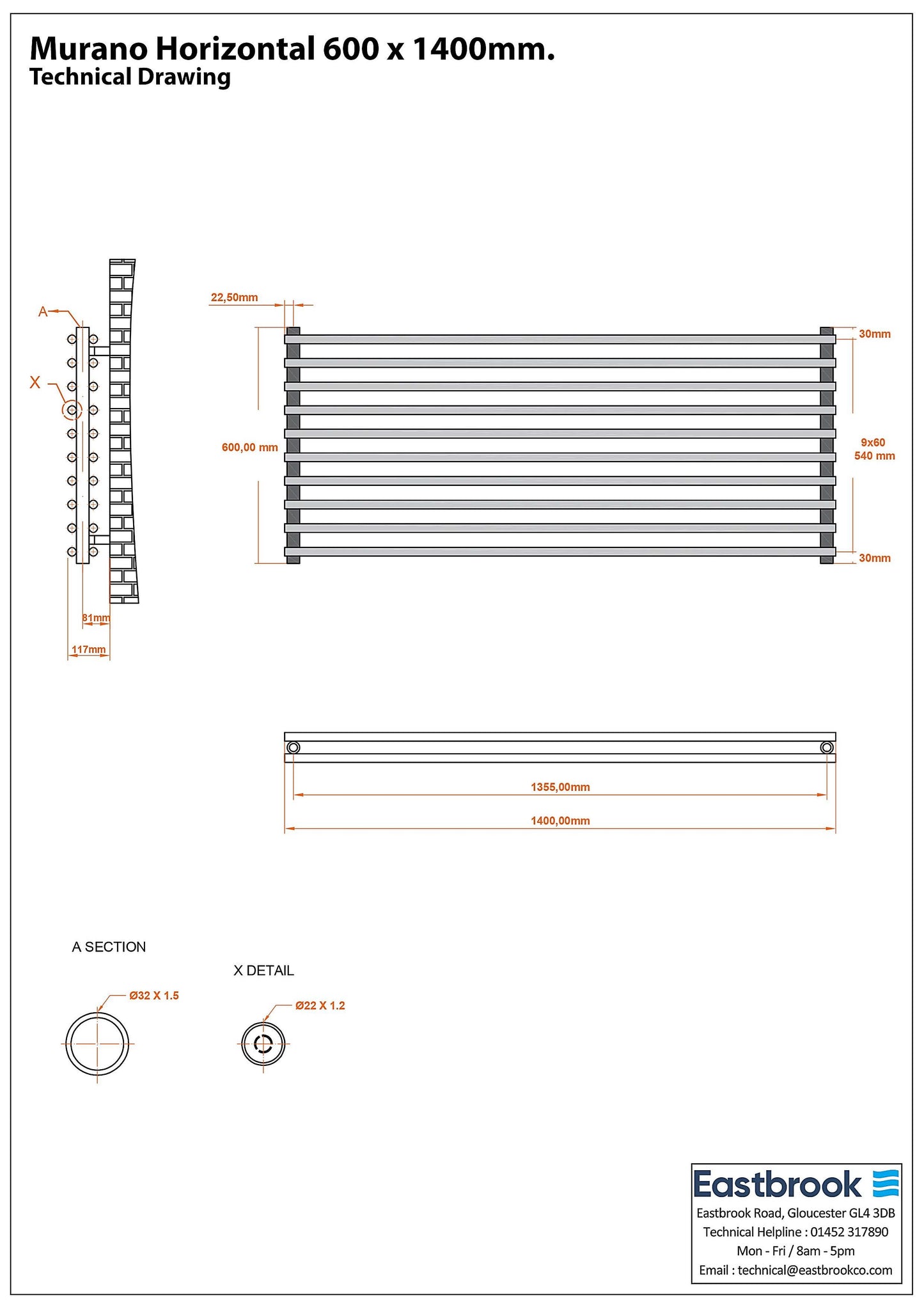 Eastbrook Murano Horizontal Electric Matt Grey Designer Radiator 600mm x 1400mm Technical