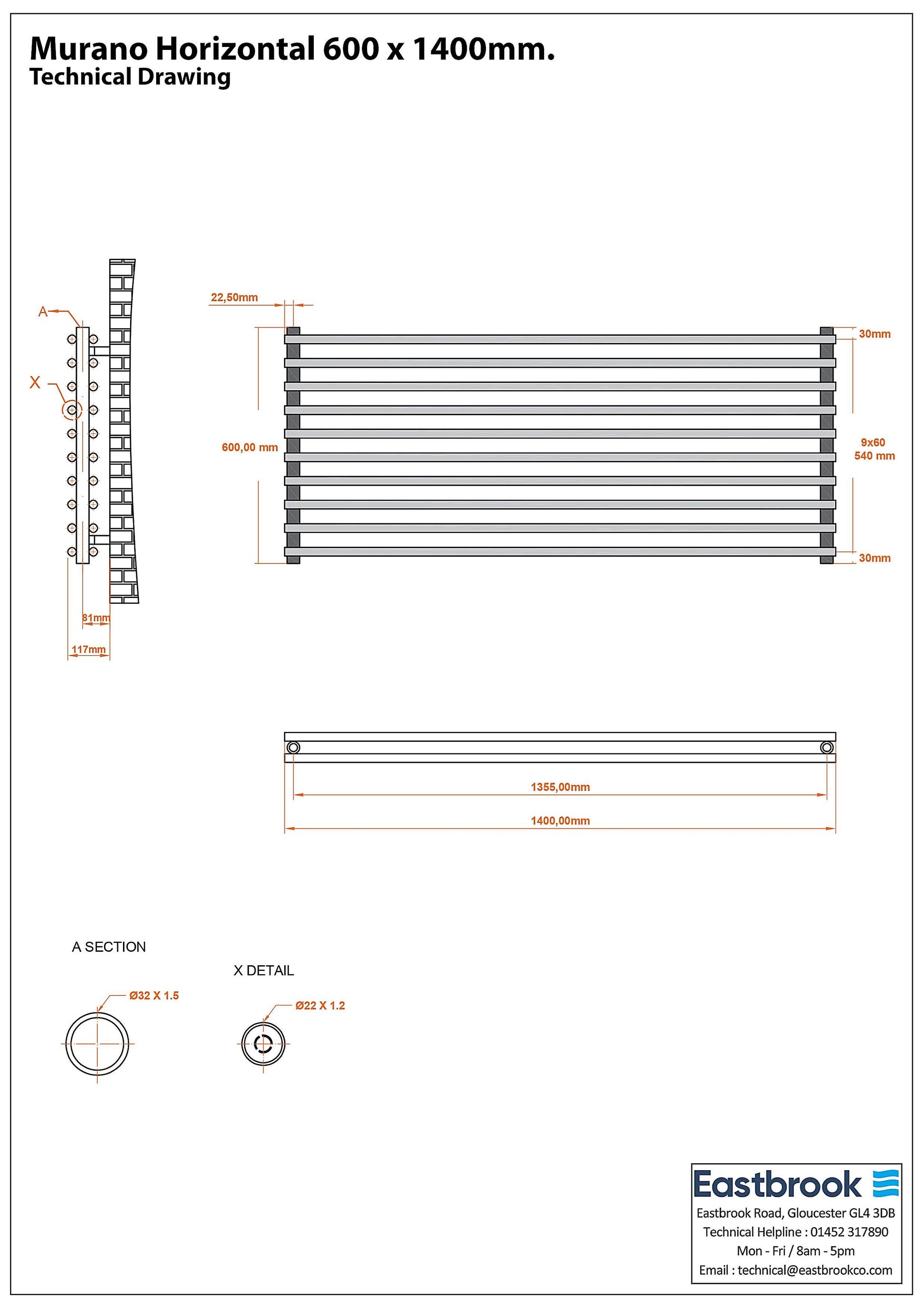 Eastbrook Murano Horizontal Electric Matt Grey Designer Radiator 600mm x 1400mm Technical