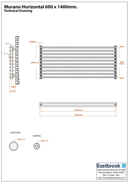 Eastbrook Murano Horizontal Electric Matt Grey Designer Radiator 600mm x 1400mm Technical