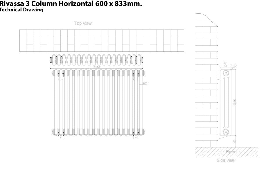 Eastbrook Rivassa Horizontal Matt Anthracite 3 Column Traditional Radiator 600mm x 833mm