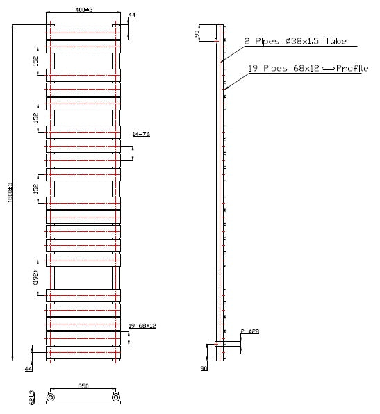 Eastbrook Staverton Electric Straight Chrome Tube on Tube Designer Towel Rail 1800mm x 400mm Technical