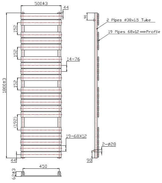 Eastbrook Staverton Electric Straight Chrome Tube on Tube Designer Towel Rail 1800mm x 500mm Technical