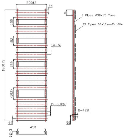 Eastbrook Staverton Electric Straight Chrome Tube on Tube Designer Towel Rail 1800mm x 500mm Technical