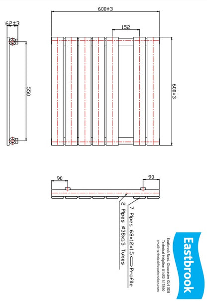 Eastbrook Staverton Electric Straight Chrome Tube on Tube Designer Towel Rail 600mm x 600mm Technical