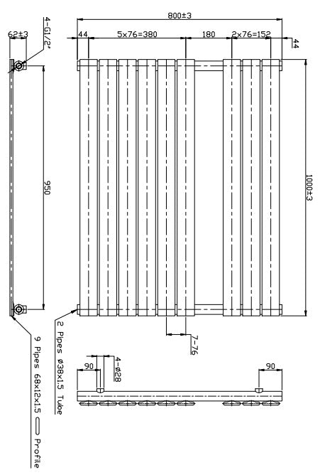 Eastbrook Staverton Electric Straight Chrome Tube on Tube Designer Towel Rail 800mm x 1000mm Technical