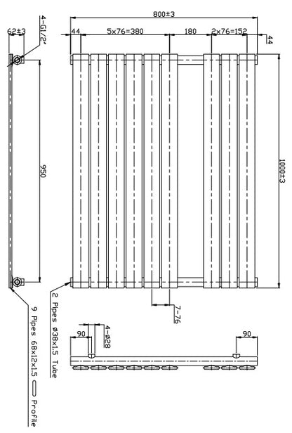 Eastbrook Staverton Electric Straight Chrome Tube on Tube Designer Towel Rail 800mm x 1000mm Technical