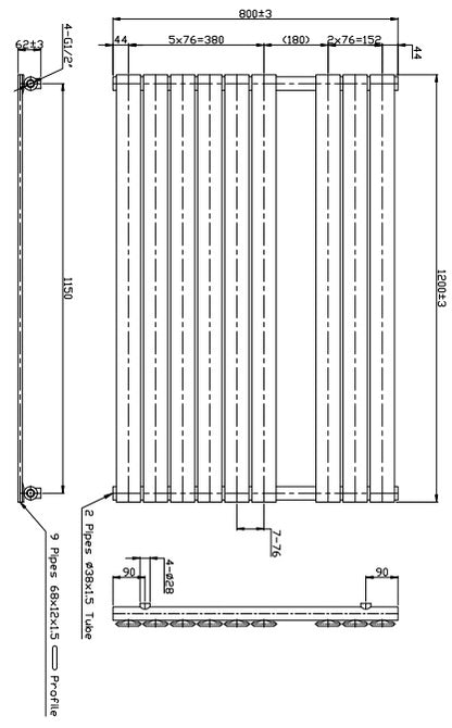 Eastbrook Staverton Electric Straight Chrome Tube on Tube Designer Towel Rail 800mm x 1200mm Technical