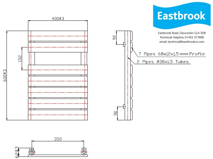 Eastbrook Staverton Electric Straight Gloss White Tube on Tube Designer Towel Rail 600mm x 400mm Technical