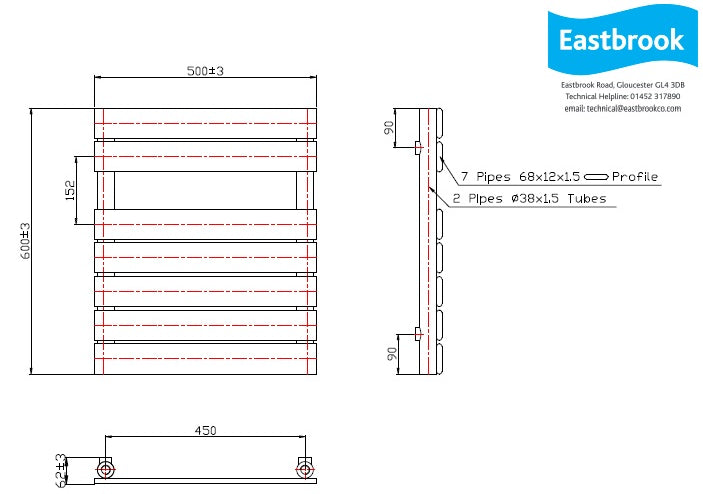 Eastbrook Staverton Electric Straight Gloss White Tube on Tube Designer Towel Rail 600mm x 500mm Technical