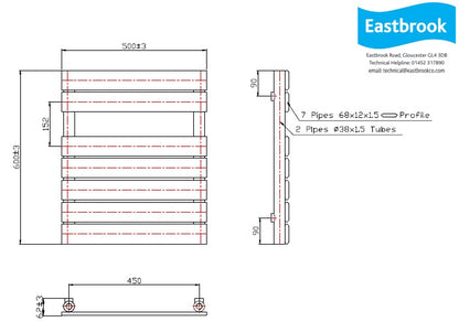 Eastbrook Staverton Electric Straight Gloss White Tube on Tube Designer Towel Rail 600mm x 500mm Technical