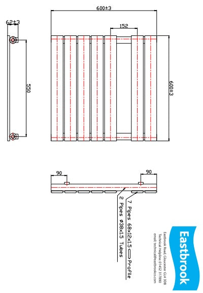 Eastbrook Staverton Electric Straight Gloss White Tube on Tube Designer Towel Rail 600mm x 600mm Technical