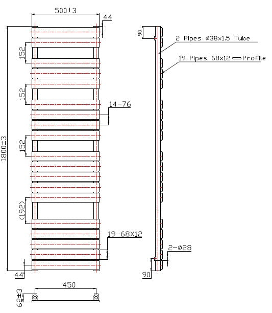 Eastbrook Staverton Straight Gloss White Tube on Tube Designer Towel Rail 1800mm x 500mm Technical Image