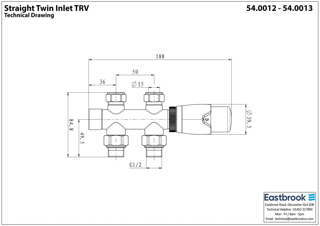 Eastbrook Straight Chrome Twin Inlet Thermostatic Radiator Valve 15mm Technical Image