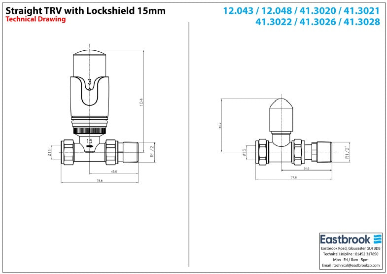 Eastbrook Straight Matt Anthracite Thermostatic Radiator Valve & Lockshield 15mm (pair) Technical Image