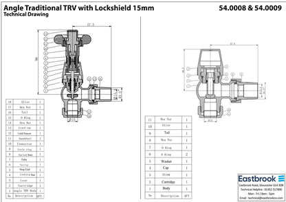 Eastbrook Traditional Angled Chrome TRV with Lockshield 15mm (pair) Technical Image