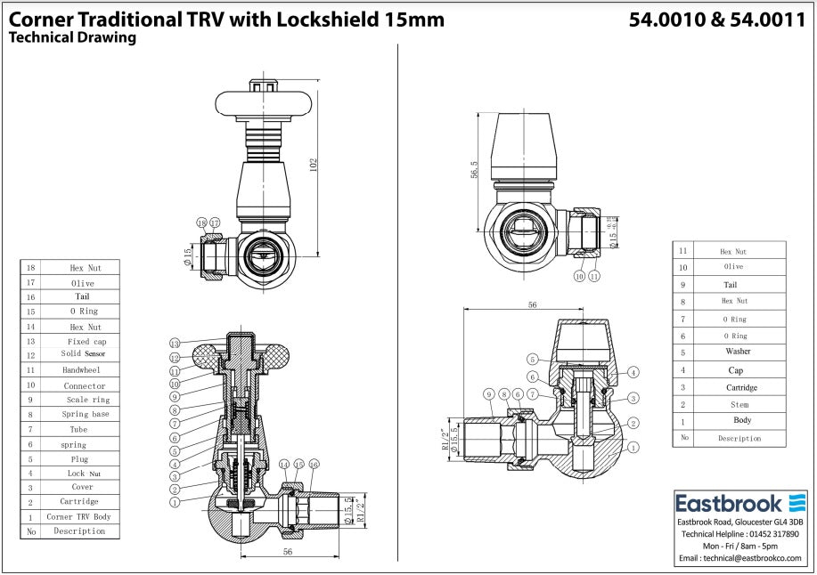 Eastbrook Traditional Corner Chrome TRV with Lockshield 15mm (pair) Technical Image