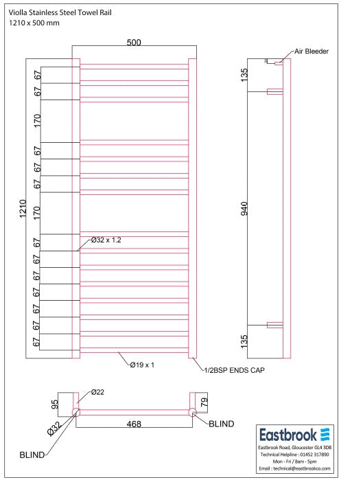 Eastbrook Violla Polished Stainless Steel Towel Rail 1210mm x 500mm Technical Image