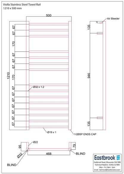 Eastbrook Violla Polished Stainless Steel Towel Rail 1210mm x 500mm Technical Image