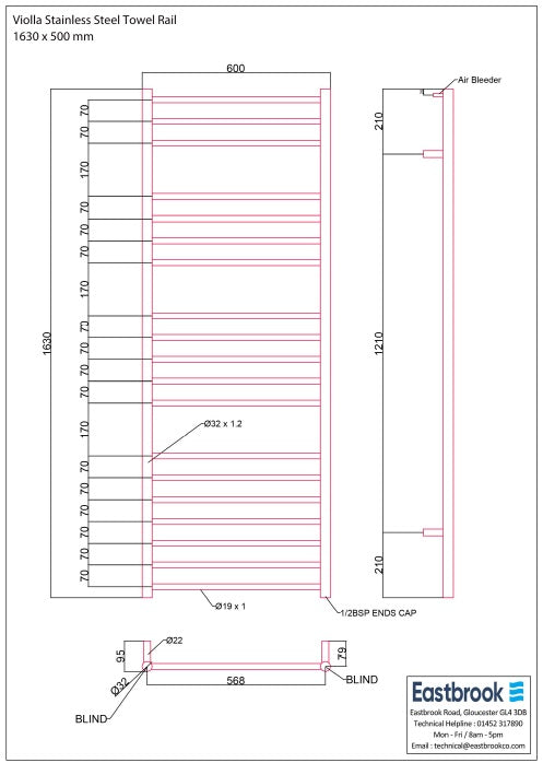Eastbrook Violla Polished Stainless Steel Towel Rail 1630mm x 600mm Technical Image