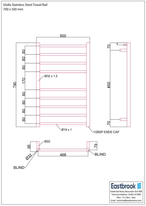 Eastbrook Violla Polished Stainless Steel Towel Rail 790mm x 500mm Technical Image