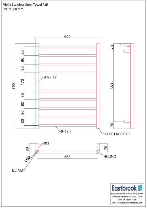 Eastbrook Violla Polished Stainless Steel Towel Rail 790mm x 600mm Technical Image