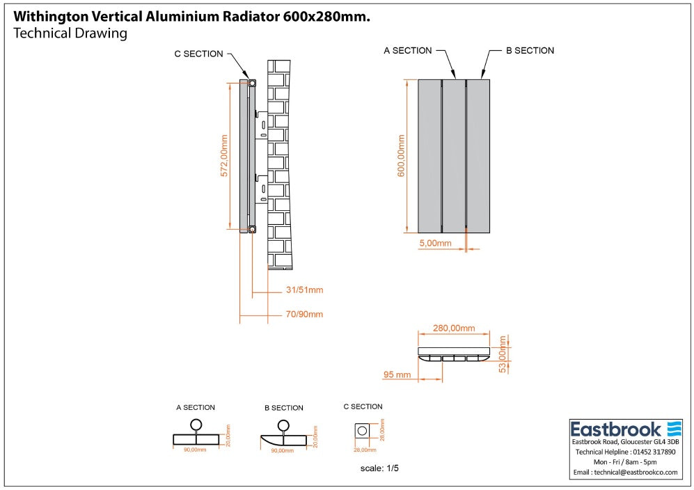 Eastbrook Withington Matt Anthracite Vertical Aluminium Radiator 600mm High x 280mm Wide Technical Image